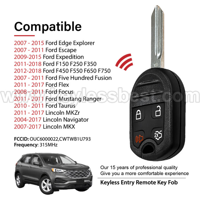 2004-2018 Ford Lincoln Edge Escape Explorer Expedition F150 F250 F350 F450 F550 F650 F750 Five Hundred Flex Focus Fusion Mustang / 4 Buttons Keyless Entry Remote / OUC6000022, CWTWB1U793 / PN: 164-R8067, 5912561 / 4D63 80Bit - Image 2
