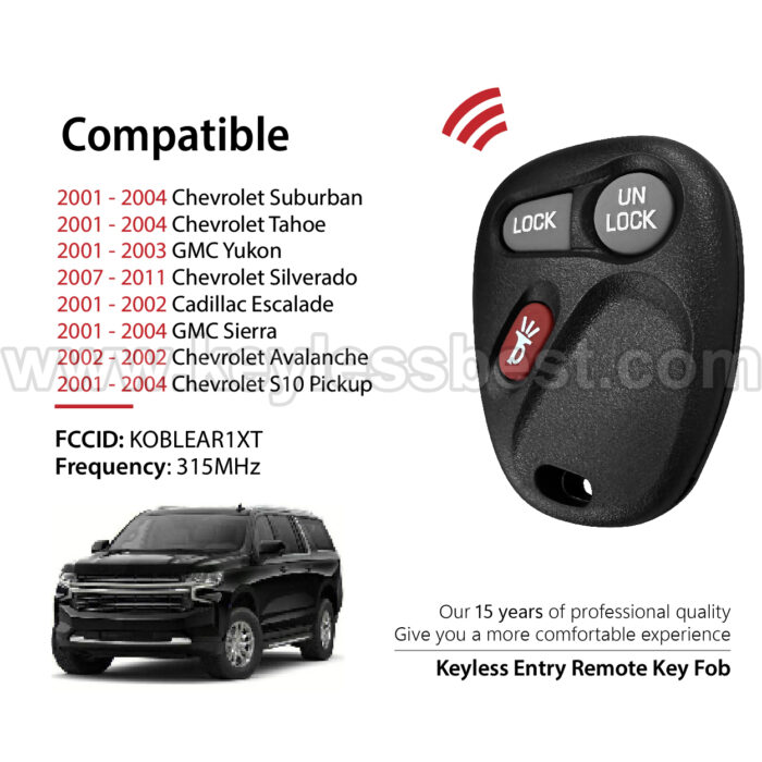 2001-2011 Chevrolet GMC Cadillac Suburban Tahoe Yukon Silverado Escalade Sierra Avalanche S10 Pickup / 3 Buttons Keyless Entry Remote / KOBLEAR1XT / PN:15042968 - Image 2