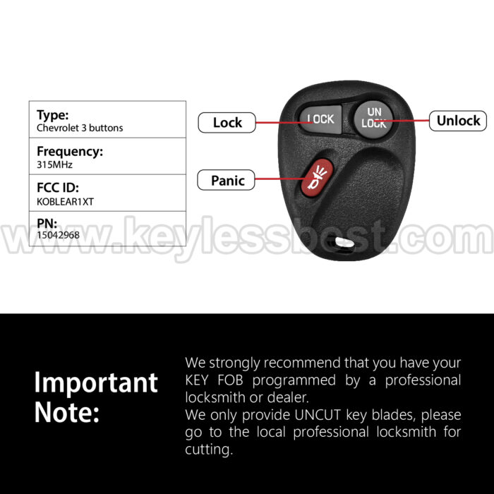 2001-2011 Chevrolet GMC Cadillac Suburban Tahoe Yukon Silverado Escalade Sierra Avalanche S10 Pickup / 3 Buttons Keyless Entry Remote / KOBLEAR1XT / PN:15042968 - Image 3