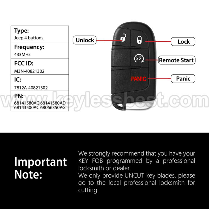 2014 - 2022 Jeep Grand Cherokee / 4 Buttons Keyless Entry Remote / M3N-40821302 / PN: 68141580AC 68141580AD 68143500AC 68066350AG - Image 3