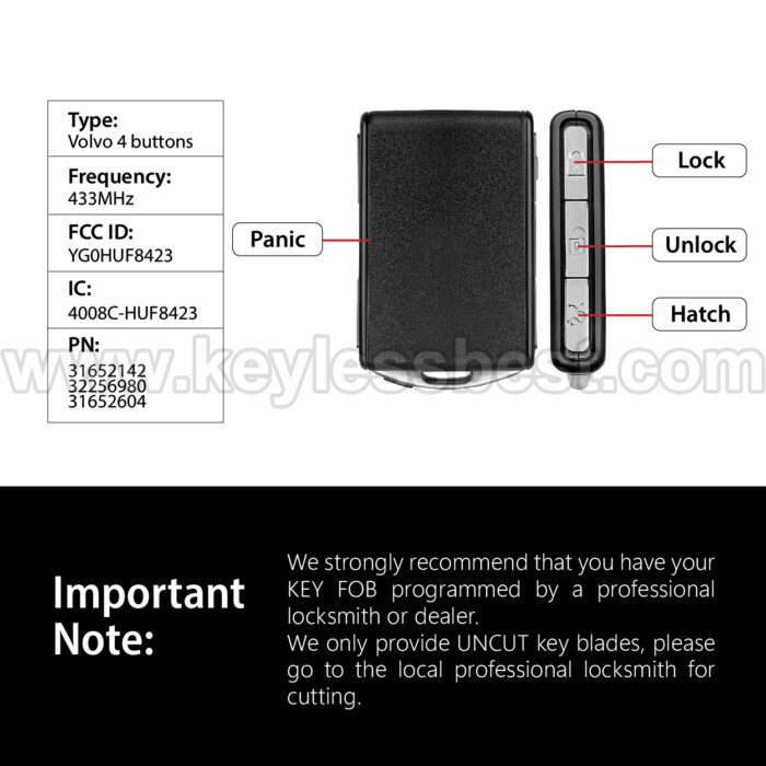 2016-2019 Volvo S90 V90 XC60 XC90 / 4 Buttons Keyless Entry Remote / YG0HUF8423 / PN: 31652142 / 8A 128-bits AES RF430 - Image 3