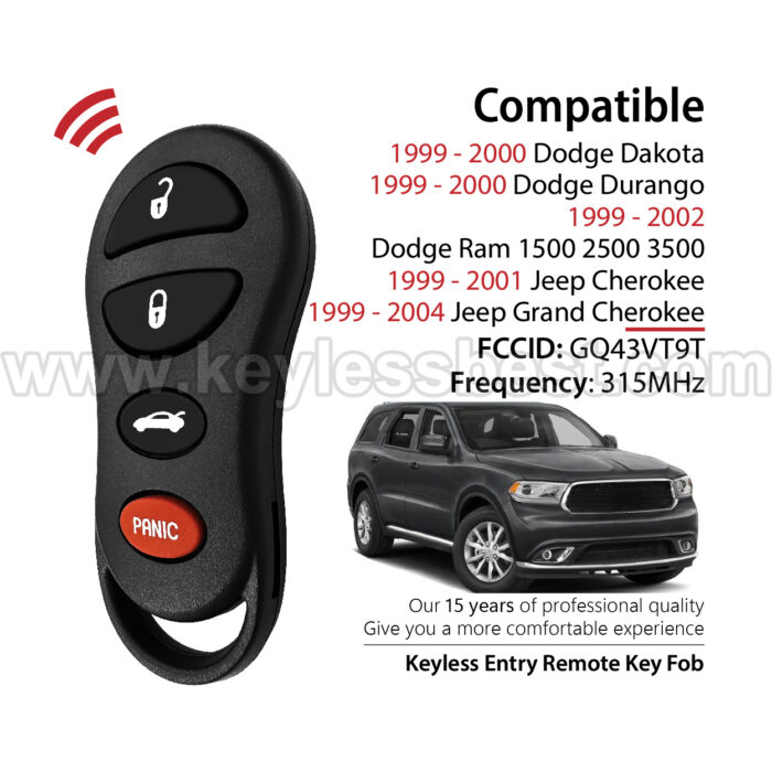 1999-2004 Dodge Jeep Dakota Durango Ram 1500 2500 3500  / 4 Buttons Keyless Entry Remote / GQ43VT9T / PN: 56045497, 04686366, 05014736AA, 4686076, 56008761, 56045497AA, 56045497AB, 56045497AC - Image 2