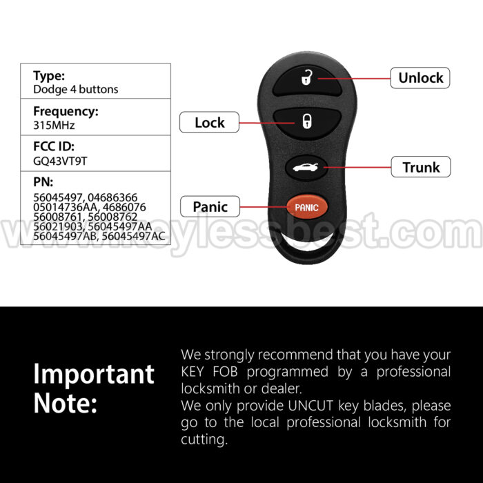 1999-2004 Dodge Jeep Dakota Durango Ram 1500 2500 3500  / 4 Buttons Keyless Entry Remote / GQ43VT9T / PN: 56045497, 04686366, 05014736AA, 4686076, 56008761, 56045497AA, 56045497AB, 56045497AC - Image 3