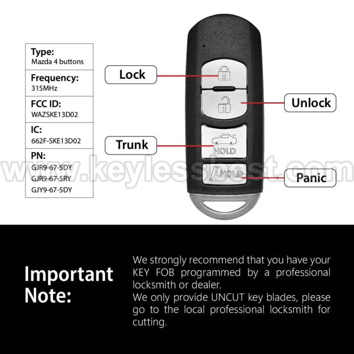 2014-2019 Mazda 6 3 Miata MX-5 / 4 Buttons Keyless Entry Remote / WAZSKE13D02 / PN: GJR9-67-5DY, GJR9-67-5RY, GJY9-67-5DY - Image 3