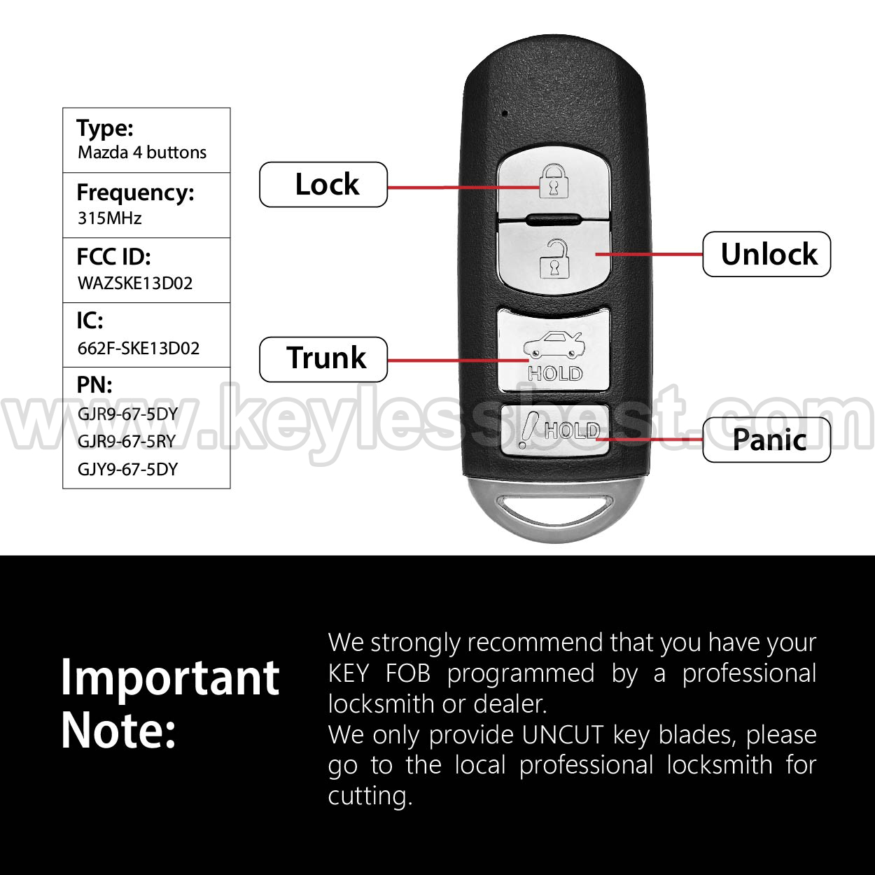 2014-2019 Mazda 6 3 Miata MX-5 / 4 Buttons Keyless Entry Remote / WAZSKE13D02 / PN: GJR9-67-5DY, GJR9-67-5RY, GJY9-67-5DY - Image 3
