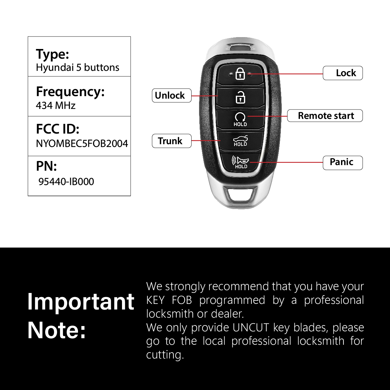 2021-2023 Hyundai Elantra / 5 Buttons Keyless Entry Remote / NYOMBEC5FOB2004 / PN:95440-IB000 / 6A - Image 3