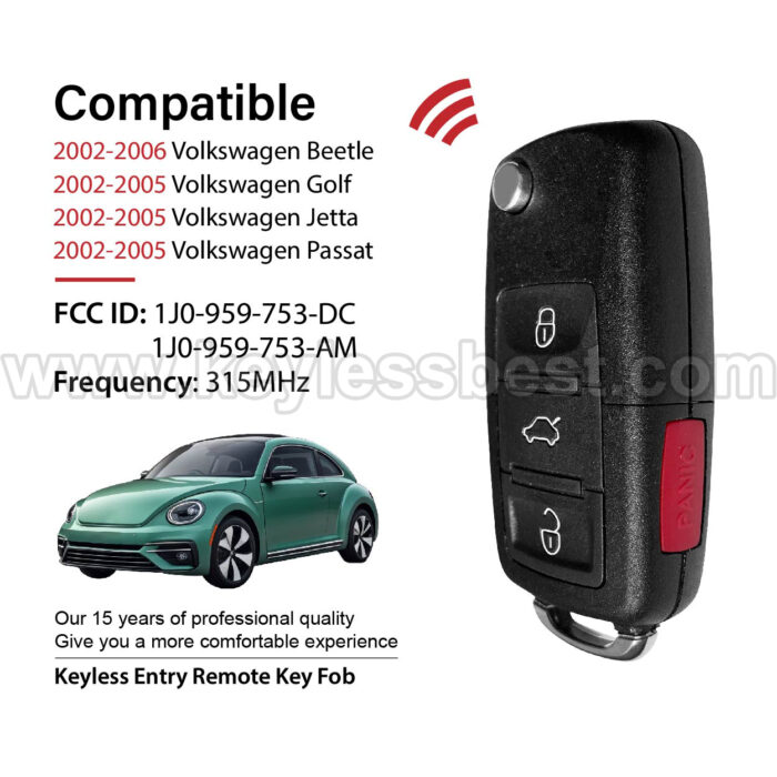 2002-2006 Volkswagen Beetle Golf Jetta Passat / 4 Buttons Keyless Entry Remote / 1J0-959-753-DC, 1J0-959-753-AM / PN: HLO 1J0959753AM, HLO 1J0959753DC, NBG735868T / ID48 - Image 2