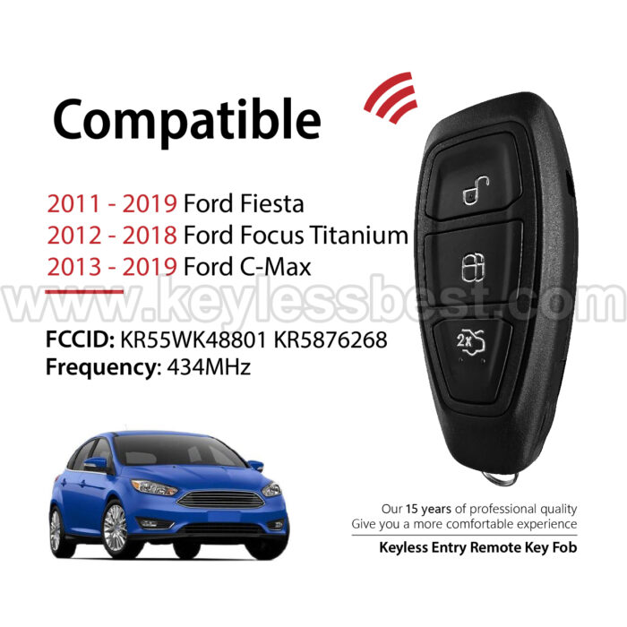 2011 - 2019 Ford Fiesta Focus Titanium C-Max / 3 Buttons Keyless Entry Remote / KR55WK48801 KR5876268 / PN:5919918 164-R8048, 7S7Z-15K601-H, 7S7Z-15K601-L / 4D63 80-BIT - Image 2