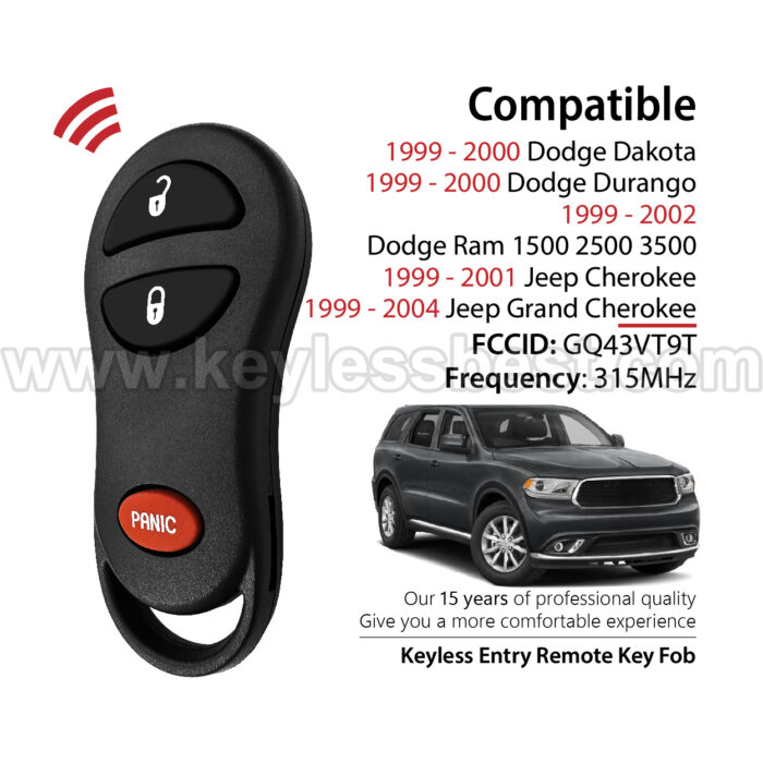 1999-2004 Dodge Jeep Dakota Durango Ram 1500 2500 3500 Cherokee Grand Cherokee / 3 Buttons Keyless Entry Remote / GQ43VT9T / PN:56045497, 04686366, 05014736AA, 4686076, 56008761, 56008762, 56021903, 56045497AA - Image 2