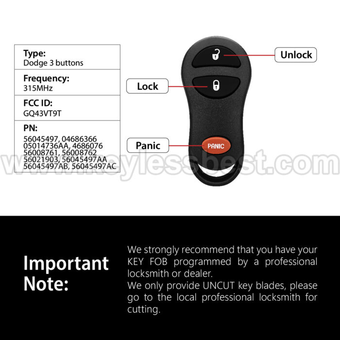 1999-2004 Dodge Jeep Dakota Durango Ram 1500 2500 3500 Cherokee Grand Cherokee / 3 Buttons Keyless Entry Remote / GQ43VT9T / PN:56045497, 04686366, 05014736AA, 4686076, 56008761, 56008762, 56021903, 56045497AA - Image 3