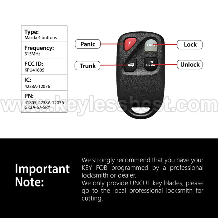 2003-2008 Mazda RX8 6 626 / 4 Buttons Keyless Entry Remote / KPU41805 / PN:41805, 4238A-12076, GK2A-67-5RY - Image 3