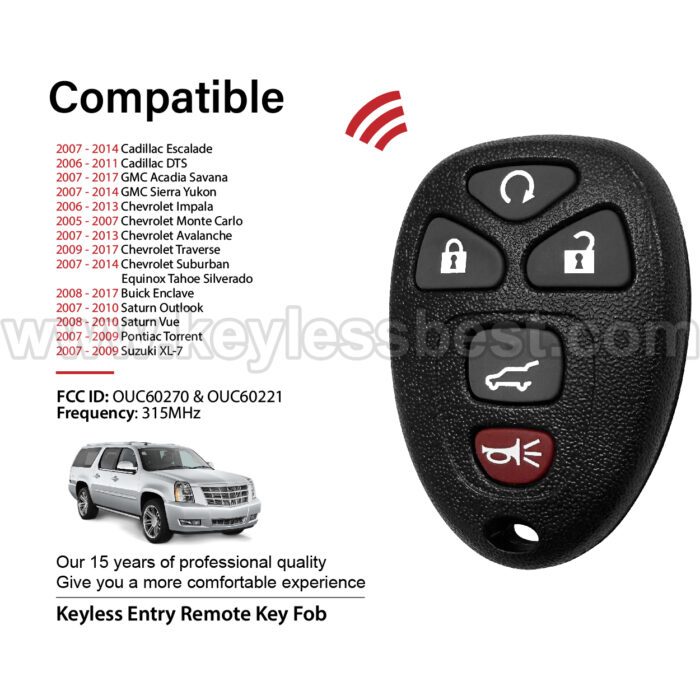 2005-2017 Cadillac GMC Chevrolet Buick Saturn Pontiac Suzuki / 5 Buttons Keyless Entry Remote / OUC60270 & OUC60221 / PN:10337867 1591286 - Image 2