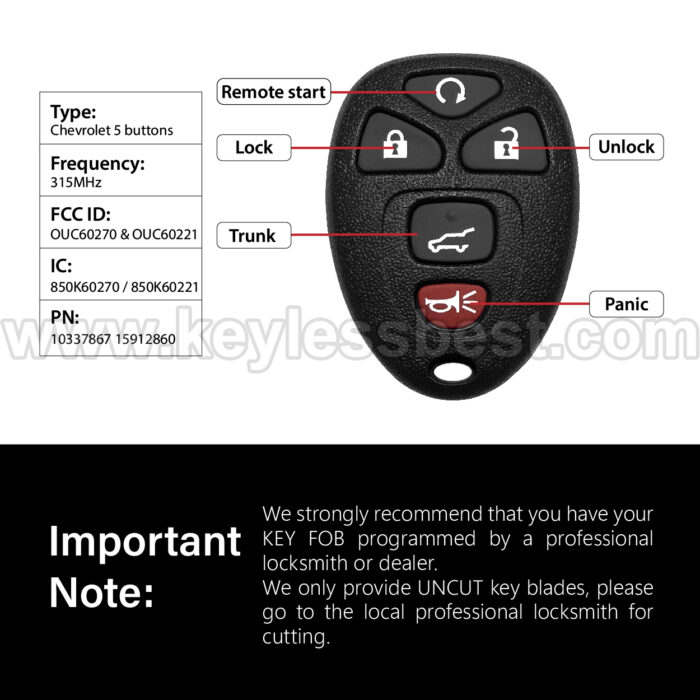 2005-2017 Cadillac GMC Chevrolet Buick Saturn Pontiac Suzuki / 5 Buttons Keyless Entry Remote / OUC60270 & OUC60221 / PN:10337867 1591286 - Image 3