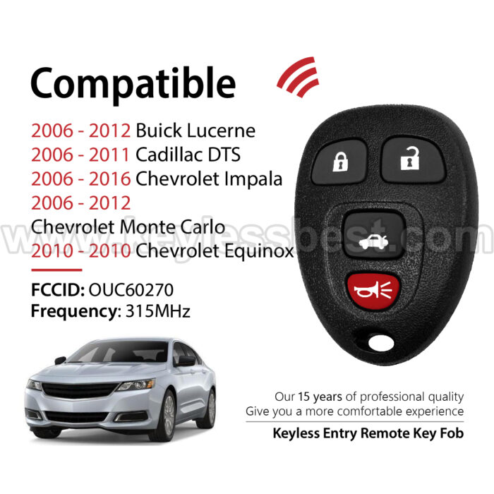 2006-2016 Cadillac Chevrolet Buick Monte Carlo Suburban Tahoe Yukon SilveradoEscalade Sierra Avalanche S10 Pickup / 4 Buttons Keyless Entry Remote / OUC60270 / PN:OUC60221, 850K60270, 850K60221, 15912859, 10337866, 15859329, 20935330 - Image 2