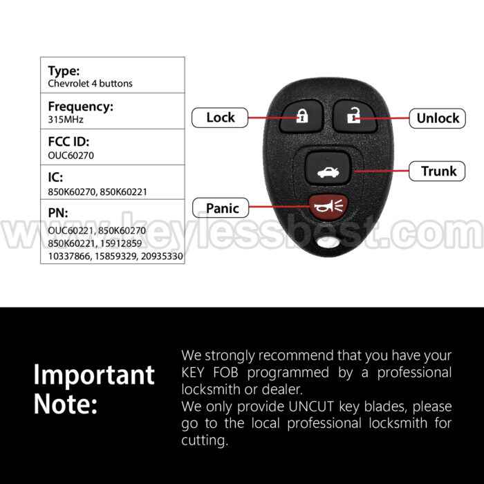 2006-2016 Cadillac Chevrolet Buick Monte Carlo Suburban Tahoe Yukon SilveradoEscalade Sierra Avalanche S10 Pickup / 4 Buttons Keyless Entry Remote / OUC60270 / PN:OUC60221, 850K60270, 850K60221, 15912859, 10337866, 15859329, 20935330 - Image 3
