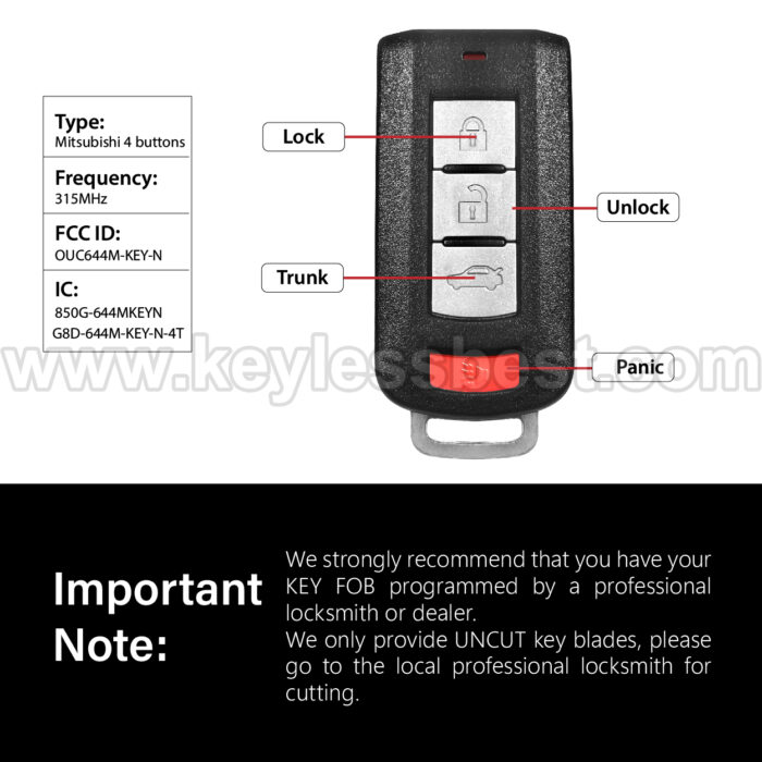 2008-2020 Mitsubishi Mirage Lancer Outlander Outlander Sport / 4 Buttons Keyless Entry Remote / OUC644M-KEY-N - Image 3