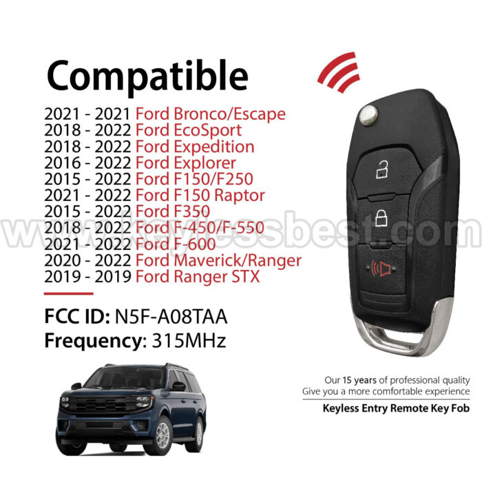 2015-2022 Ford Bronco EcoSport Escape Expedition Explorer F150 F150 Raptor F250 F350 F-450 F-550 F-600 Maverick Ranger STX Ranger / 3 Buttons Keyless Entry Remote / N5F-A08TAA / PN: 164-R8130, 5923667 / 4D63 80Bit 49Chip - Image 2