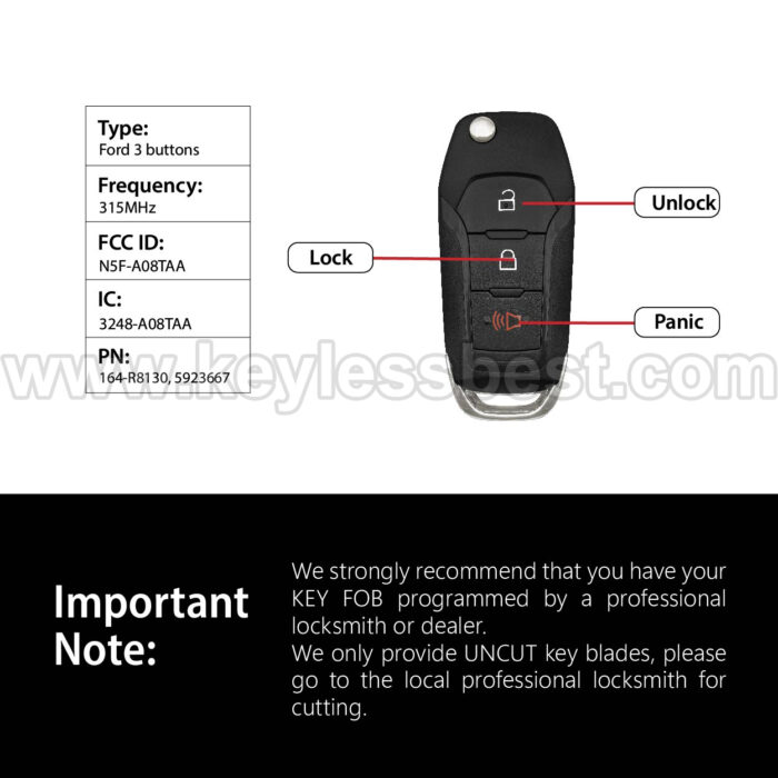 2015-2022 Ford Bronco EcoSport Escape Expedition Explorer F150 F150 Raptor F250 F350 F-450 F-550 F-600 Maverick Ranger STX Ranger / 3 Buttons Keyless Entry Remote / N5F-A08TAA / PN: 164-R8130, 5923667 / 4D63 80Bit 49Chip - Image 3