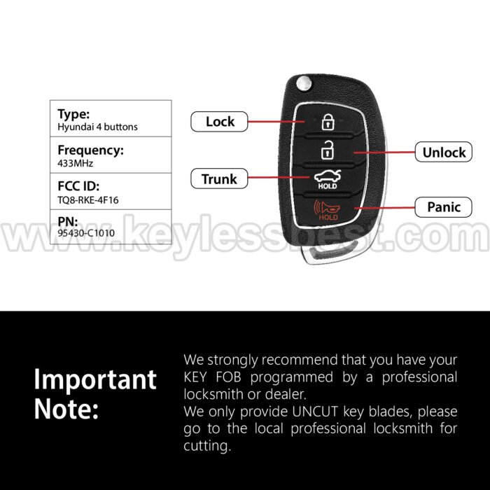 2015-2017 Hyundai Sonata / 4 Buttons Keyless Entry Remote / TQ8-RKE-4F16 / PN: 95430-C1010 - Image 3