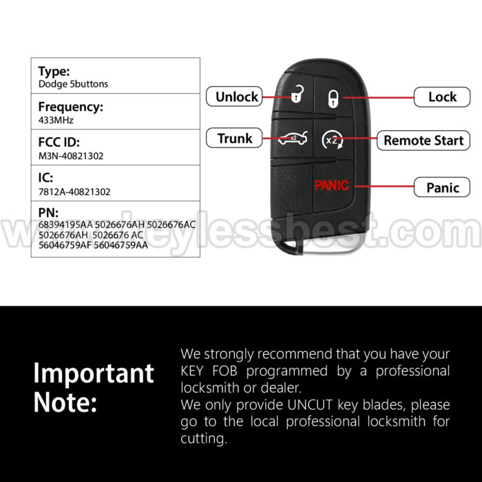2011-2021 Dodge Chrysler Fiat Charger Dart Challenger Journey DURANGO Challenger SRT Hellcat 300 200 500X / 5 Buttons Keyless Entry Remote / M3N-40821302 / PN: 68394195AA 5026676AH 5026676AC 5026676AH 5026676 AC  56046759AF 56046759AA / 46 - Image 3