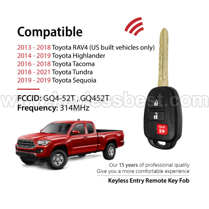 2013-2021 Toyota RAV4 (US built vehicles only) Highlander Tacoma Tundra Sequoia / 3 Buttons Keyless Entry Remote / GQ4-52T , GQ452T / PN: 89071-0R040, 89070-0R120, 89070-0R130, 89070-0C050 / H - Image 2