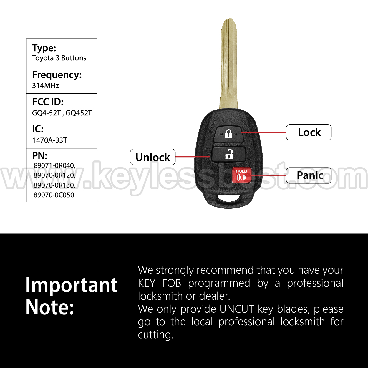 2013-2021 Toyota RAV4 (US built vehicles only) Highlander Tacoma Tundra Sequoia / 3 Buttons Keyless Entry Remote / GQ4-52T , GQ452T / PN: 89071-0R040, 89070-0R120, 89070-0R130, 89070-0C050 / H - Image 3