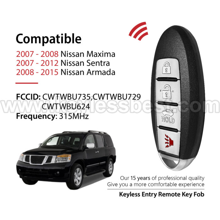 2007-2015 Nissan Maxima Sentra Armada / 4 Buttons Keyless Entry Remote / CWTWBU735, CWTWBU729, CWTWBU624 / PN: 285E3-ZQ30A, 285E3-ZQ31A, 285E3ZQ30A, 285E3ZQ31A / ID46 - Image 2