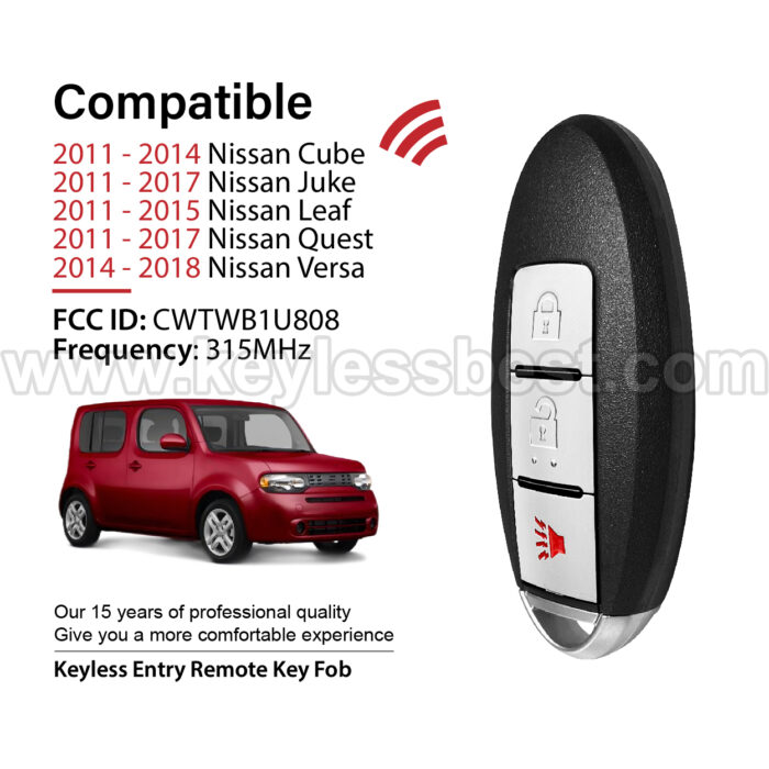 2011-2018 Nissan Cube Juke Leaf Quest Versa Note / 3 Buttons Keyless Entry Remote / CWTWB1U808 / PN: 285E3-1KM0D / ID46 - Image 2