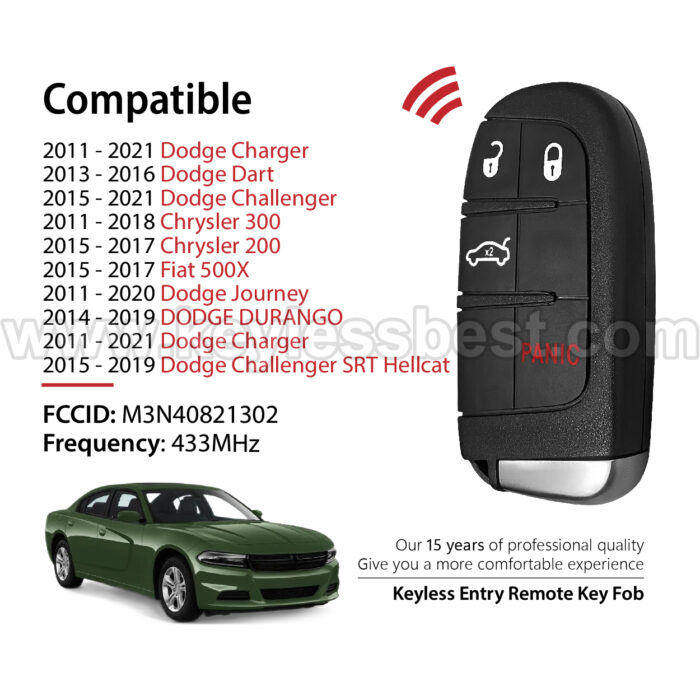 2011 - 2021 Dodge Chrysler Fiat Charger Dart Challenger Journey DURANGO Challenger SRT Hellcat 300 200 500X / 4 Buttons Keyless Entry Remote / M3N40821302 / PN: 68051387AC 68051387AH 68051387 56046768AA 68051387AD / 46 - Image 2