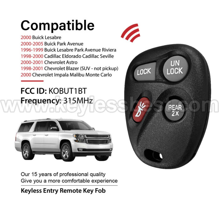 1996 - 2005 Buick Cadillac Chevrolet GMC Oldsmobile Pontiac / 4  Buttons Keyless Entry Remote /  KOBUT1BT / PN: 15732805, 25628814, 25668603, 25678792, 15732805, 25656444, 25656445, 25665574, 25665575 - Image 2