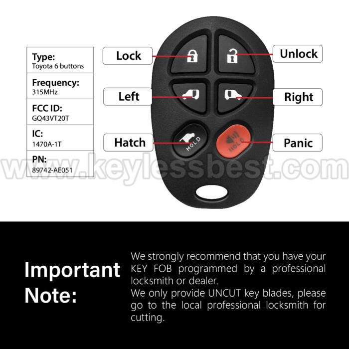 2004 - 2020 Toyota Sienna / 6 Buttons Keyless Entry Remote / GQ43VT20T / PN: 89742-AE051 - Image 3