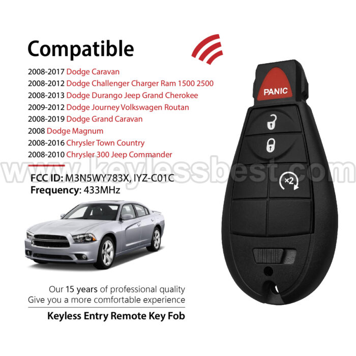 2008-2019 Dodge Chrysler Volkswagen Jeep Charger Caravan Challenger Durango Grand Caravan Journey Ram 1500 2500 Magnum Town Country 300 Routan Commander Grand Cherokee / 4 Buttons Keyless Entry Remote / M3N5WY783X, IYZ-C01C / ID46 - Image 2