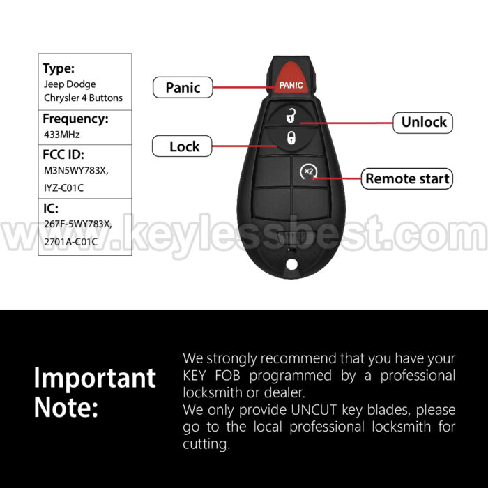 2008-2019 Dodge Chrysler Volkswagen Jeep Charger Caravan Challenger Durango Grand Caravan Journey Ram 1500 2500 Magnum Town Country 300 Routan Commander Grand Cherokee / 4 Buttons Keyless Entry Remote / M3N5WY783X, IYZ-C01C / ID46 - Image 3