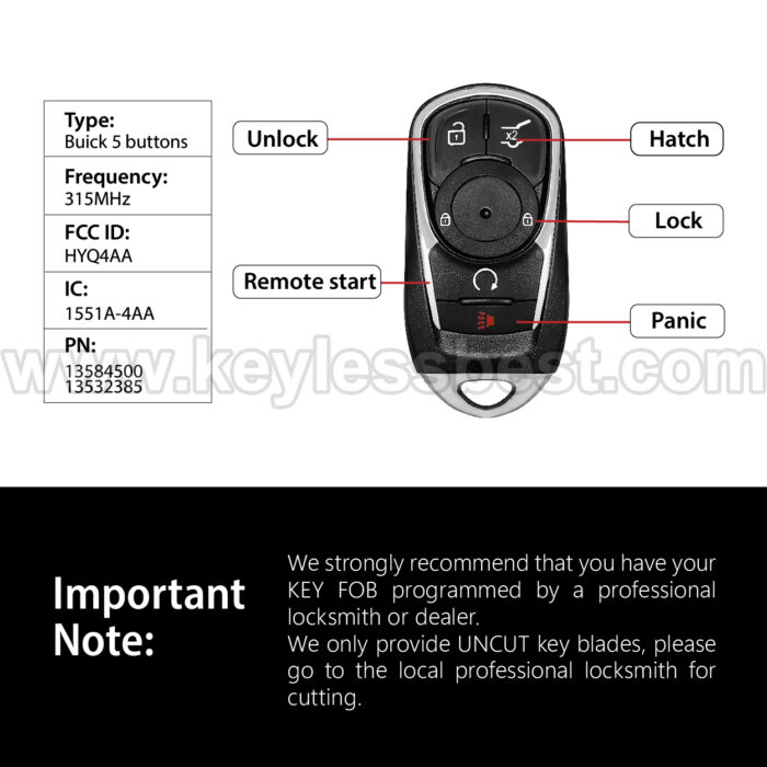 2017 - 2020 Buick Envision Encore / 5 Buttons Keyless Entry Remote / HYQ4AA / PN: 13584500, 13532385 - Image 3