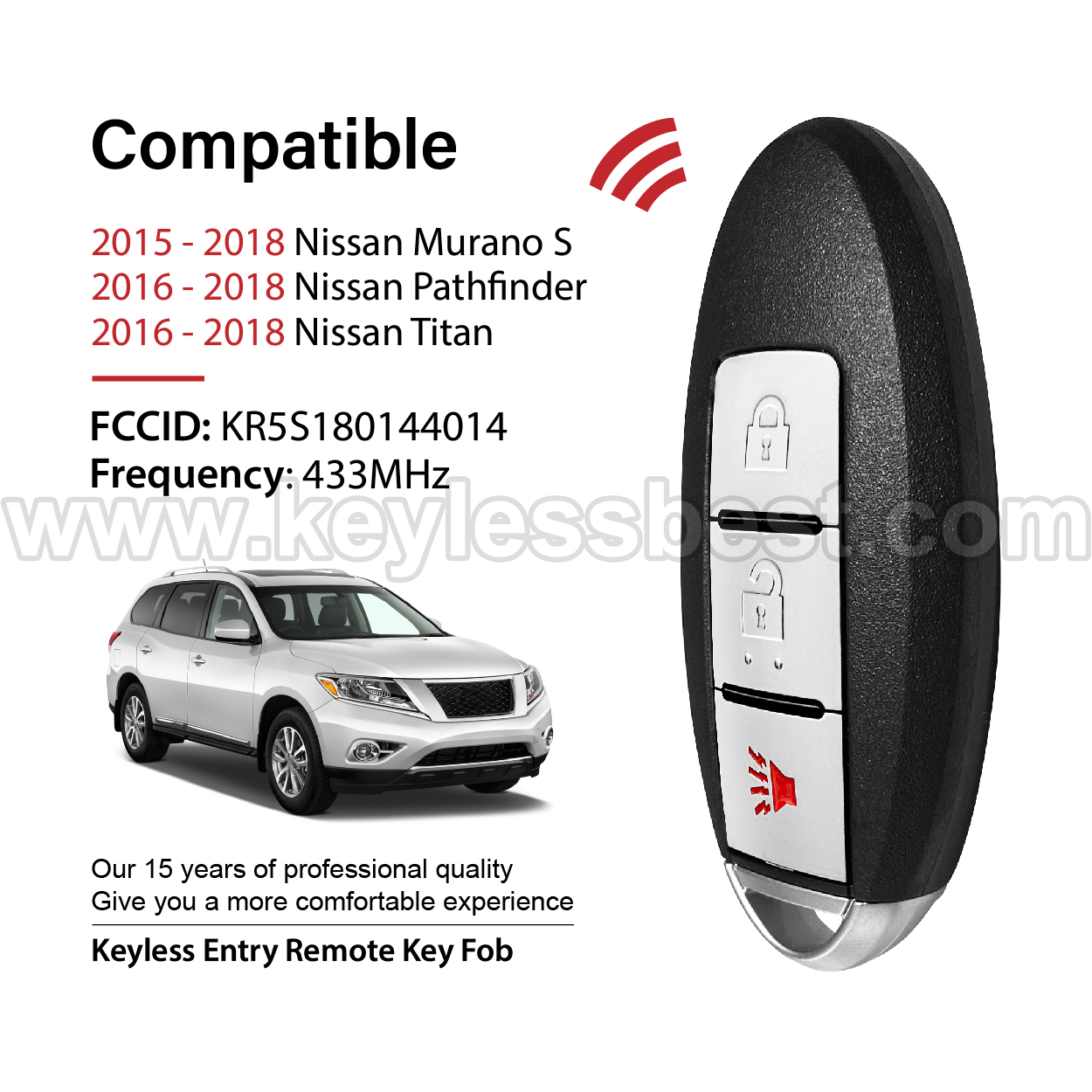 2015 - 2018 Nissan Murano S Pathfinder Titan / 3 Buttons Keyless Entry Remote / KR5S180144014 / PN: 285E3-5AA1A / 4A - Image 2