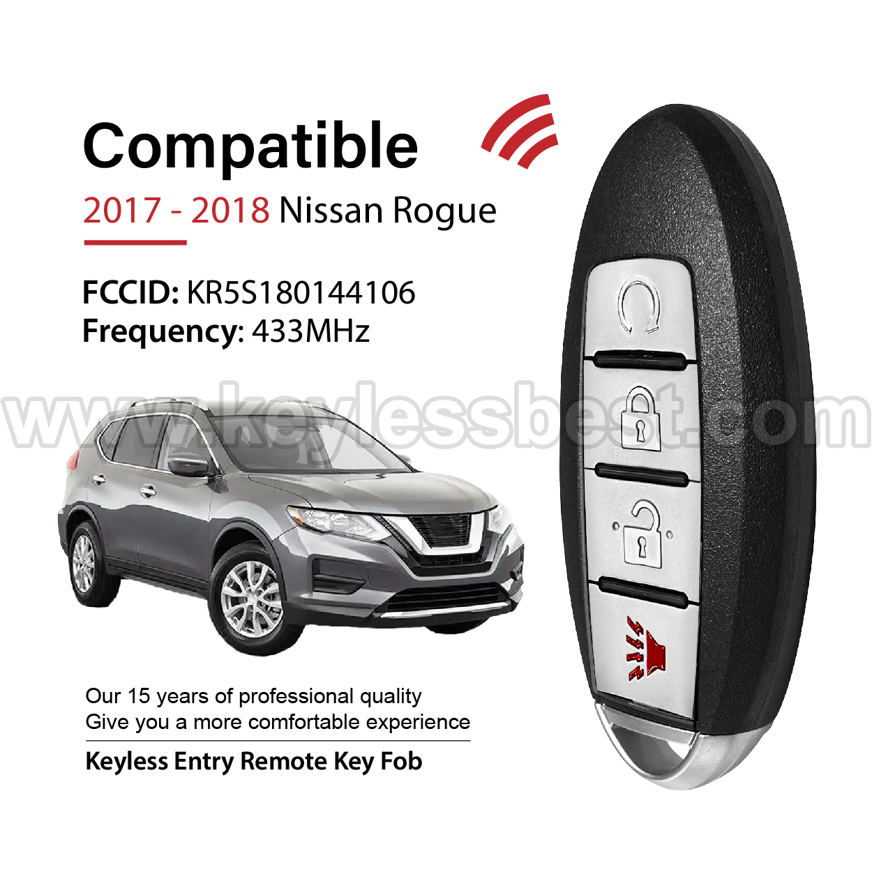 2017 - 2018 Nissan Rogue / 4 Buttons Keyless Entry Remote / KR5S180144106 / PN:285E3-6FL2B / 4A - Image 2