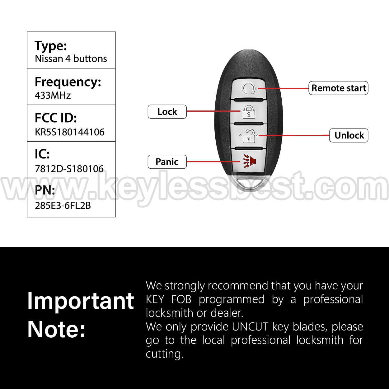 2017 - 2018 Nissan Rogue / 4 Buttons Keyless Entry Remote / KR5S180144106 / PN:285E3-6FL2B / 4A - Image 3