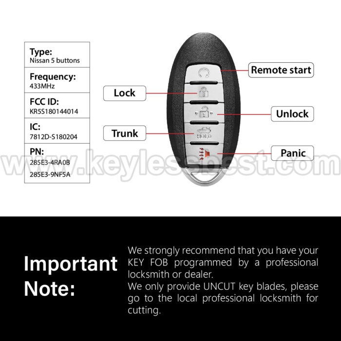 2016-2018 Nissan Infiniti QX60 Q50 Q60 Maxima Altima / 5 Buttons Keyless Entry Remote / KR5S180144014 / PN:285E3-4RA0B,285E3-9NF5A / 4A - Image 3