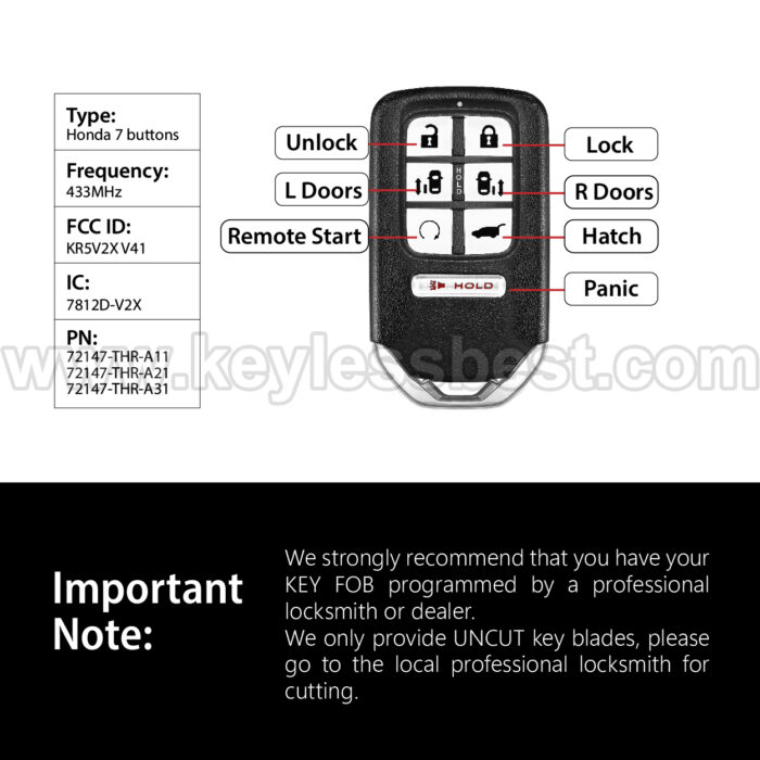 2018-2020 Honda Odyssey / 7 Buttons Keyless Entry Remote / KR5V2X V41 / PN:72147-THR-A11, 72147-THR-A21, 72147-THR-A31 - Image 3