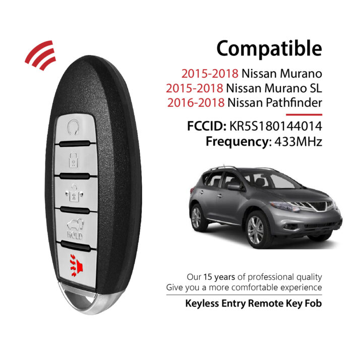 2015-2018 Nissan Murano (Platinum Edition) Murano SL Pathfinder (2016 year must match PN, IC & FCC number, split year) / 5 Buttons Keyless Entry Remote / KR5S180144014 / PN:285E3-5AA5A 285E3-5AA5C 285E35AA5A 285E35AA5C / 4A - Image 2