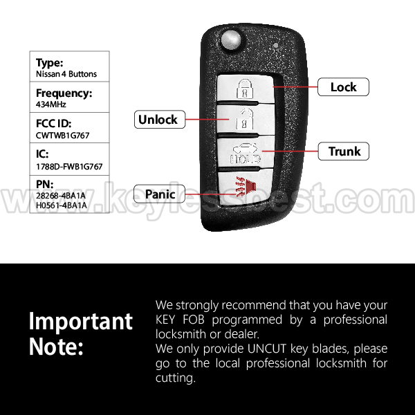 2014-2019 Nissan Rogue / 4 Buttons Keyless Entry Remote / CWTWB1G767 / PN: 28268-4BA1A, H0561-4BA1A / 4A - Image 3