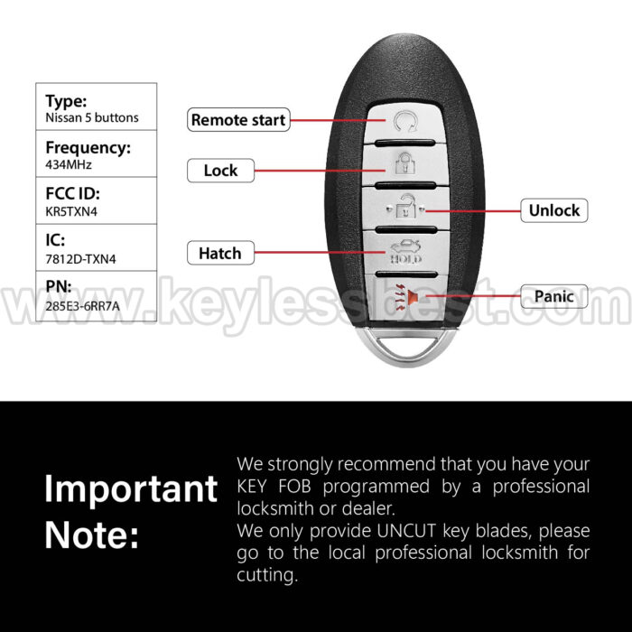 2019-2022 Nissan Altima Versa Sentra / 5 Buttons Keyless Entry Remote / KR5TXN4 / PN:285E3-6RR7A - Image 3