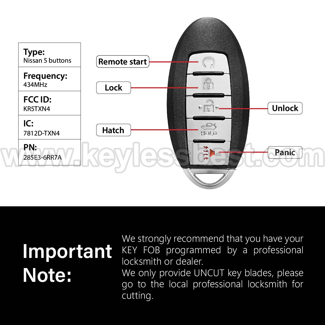 2019-2022 Nissan Altima Versa Sentra / 5 Buttons Keyless Entry Remote / KR5TXN4 / PN:285E3-6RR7A - Image 3