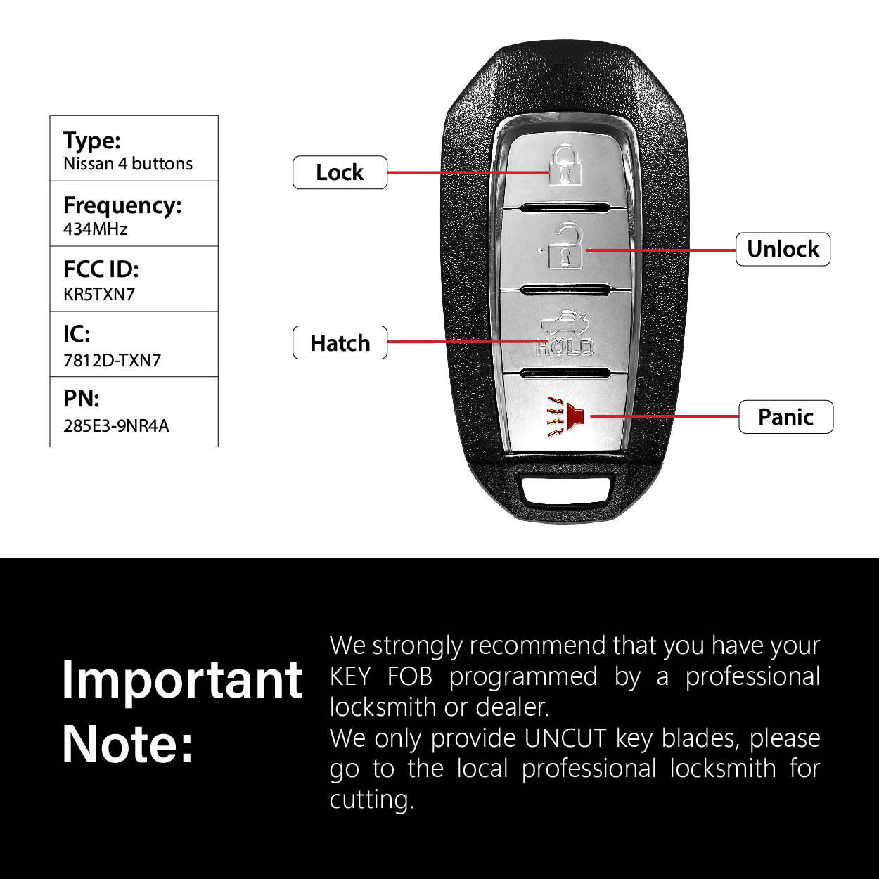 2020-2023 Infiniti Q60 Q50 / 4 Buttons Keyless Entry Remote / KR5TXN7 / PN:285E3-9NR4A / 4A - Image 3