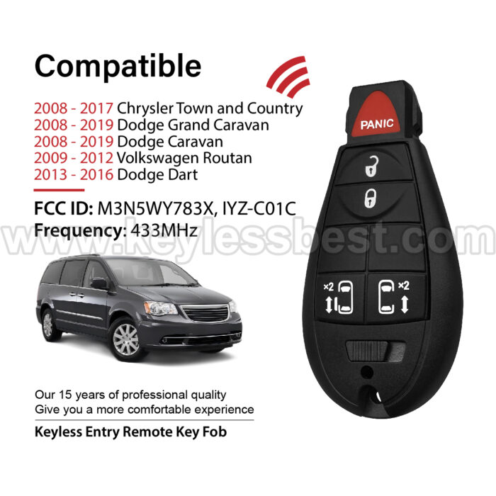 2008-2019 Chrysler Dodge Volkswagen Dart Routan Caravan Grand Caravan / 5 Buttons Keyless Entry Remote / M3N5WY783X, IYZ-C01C / PN:56046713 AA, 56046713AE, 05026623AA, 05026623AC, 56046713AA, 56046713AB, 56046713AC, 56046713AF, 68043588AA/ ID 46 CHR - Image 2