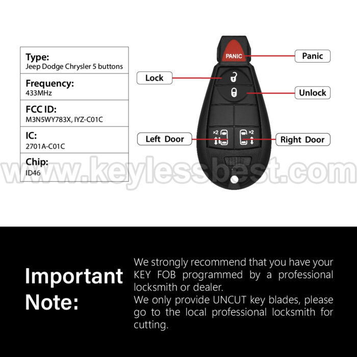 2008-2019 Chrysler Dodge Volkswagen Dart Routan Caravan Grand Caravan / 5 Buttons Keyless Entry Remote / M3N5WY783X, IYZ-C01C / PN:56046713 AA, 56046713AE, 05026623AA, 05026623AC, 56046713AA, 56046713AB, 56046713AC, 56046713AF, 68043588AA/ ID 46 CHR - Image 3