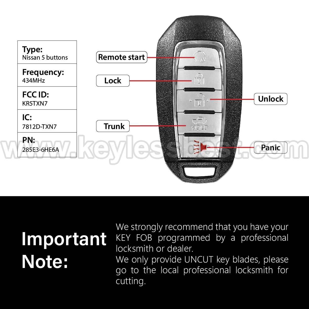 2020-2023 Infiniti Q60 Q50 / 5 Buttons Keyless Entry Remote / KR5TXN7 / PN:285E3-6HE6A / 4A - Image 3