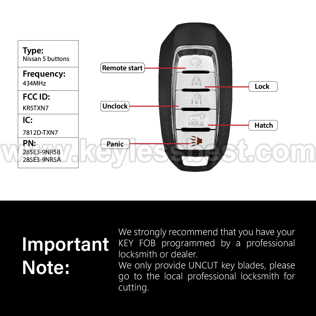 2019-2023 Infiniti QX60 / 5 Buttons Keyless Entry Remote / KR5TXN7 / PN:285E3-9NR5B, 285E3-9NR5A / 4A - Image 3
