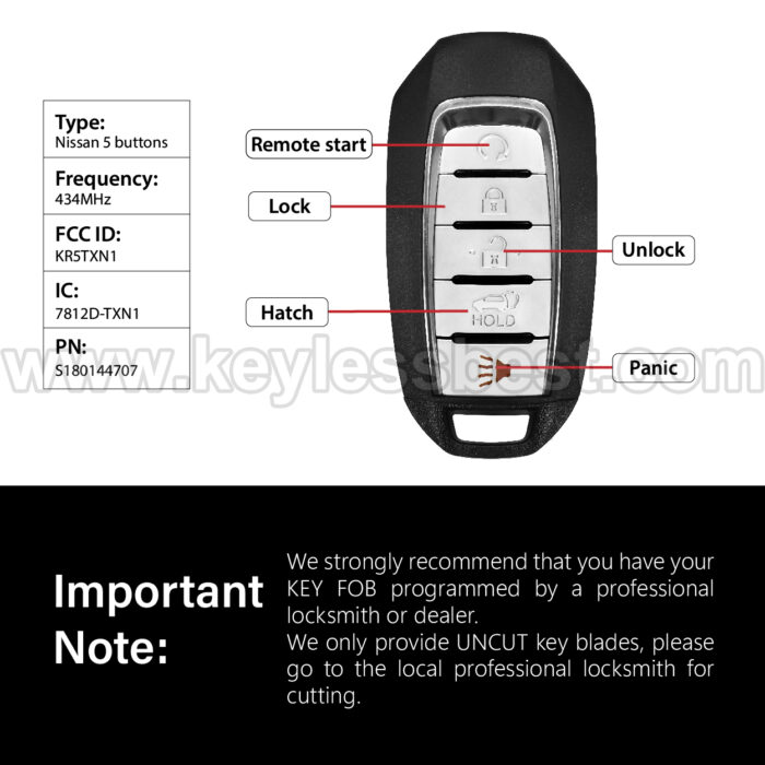 2020-2023 Infiniti QX50 QX55 / 5 Buttons Keyless Entry Remote / KR5TXN1 / PN:S180144707 / 4A - Image 3