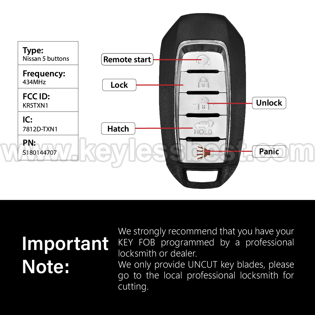 2020-2023 Infiniti QX50 QX55 / 5 Buttons Keyless Entry Remote / KR5TXN1 / PN:S180144707 / 4A - Image 3